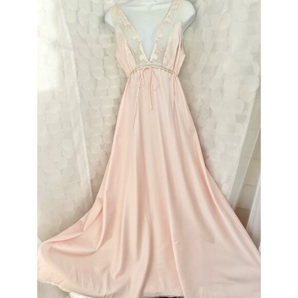 Vintage 70’s Pink Nightgown & Robe Set Large FULL SWEEP Satin lace Old Hollywood - Picture 2 of 16